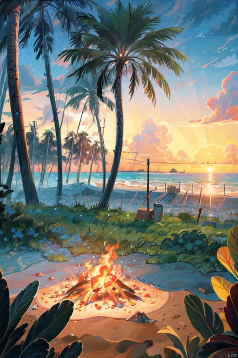  sunset,cloud,beach, sand,campings, bonfire,palm trees,
very detailed , realistic details , light particle effect, excellent work, extremely elaborate picture description,8k wallpaper, obvious light and shadow effects, ray tracing, obvious layers, depth of field, best quality,