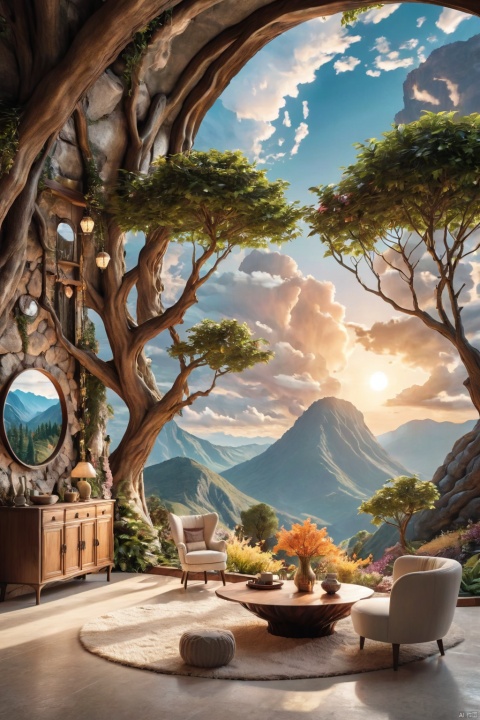  best quality,masterpiece,8k wallpaper,no humans,tree, table, mountain, sky, cloud, chair, vase,table, curtains, lamp, sunset, day, indoors, Dream Homes, , Nature's home_indoor
