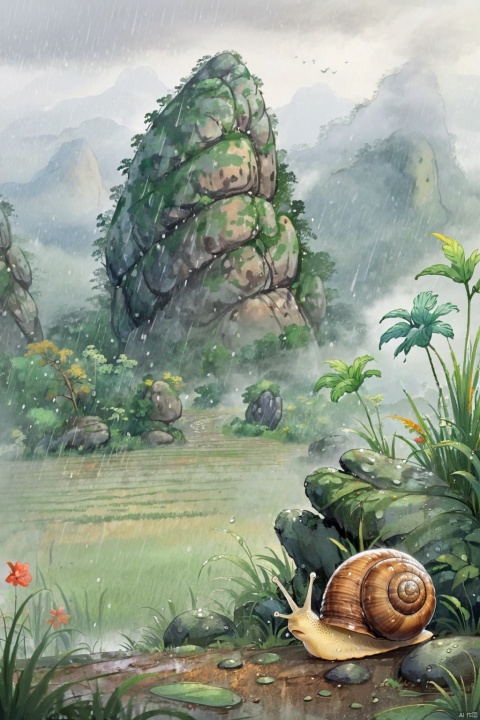  ((masterpiece)), ((best quality)),raining, Fields, side paths, trees, grass, mountains, mist,1 little  snail sitting on the rock,looking at the fields,rainforrest raining
, guofeng