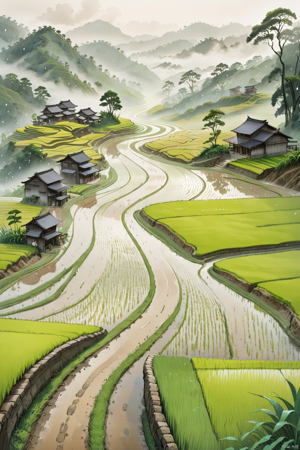  An old farmer Walk the winding roads of the countryside, rice fields, rainy day,There are neat rice seedlings in the field, forest, Hillside, Quiet, Rural area, HD Detail, Hyperdetail, Cinematic, Surrealism, Soft Light, Deep Field Focus Bokeh, Ray Tracing, and Surrealism,cloud,jianzhi, ink wash painting