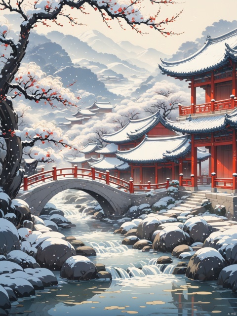  Thick painted national cartoons, textbook illustrations, Feng Zikai, Eastern poetry and painting, cold tone,snowing, plum blossom,large scenes, murmuring streams, white tones, delicate visuals, gentle brushstrokes, distant view of rural courtyard, farmer paintings, high-quality, masterpiece, perfect composition,