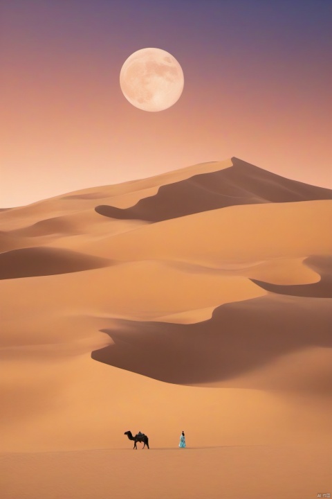  desert_sky,outdoors,sky,moon,scenery,desert,wide shot,animal, landscape, tang_hanfu, FANTASY