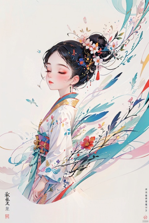  bpwc, 1girl, solo,black hair,closed mouth,closed eyes,flower,eyelashes, makeup,Close up, lea, hanfu,chinese clothes, Ink scattering_Chinese style,no text