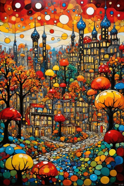  autumntime cityscape painting by Yayoi Kusama, in the style of colorful drawings, joe madureira, hans baldung, romantic graffiti, stained glass, multi-layered color fields