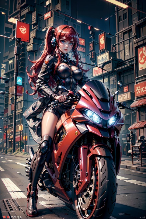  Masterpiece,best quality,(Highest picture quality),(Master's work),(ultra-detailed),{top quality},(cyberpunk background:1.2),(1 girl driving a motorcycle:1.5),(red hair:1.3),(bare long leg:1.1),desert background