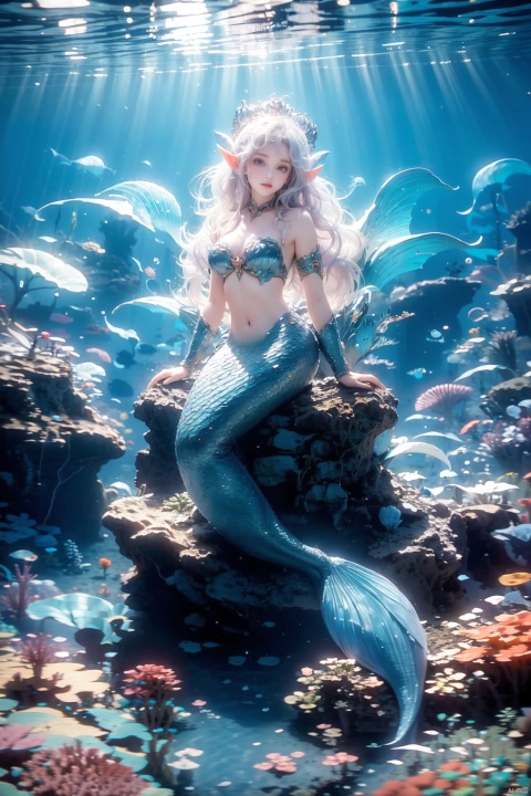  The mermaid, a girl, is at the bottom of the sea at night (a blue moonlight shines on the mermaid princess. The mermaid sits on the reef like an elf: 1.31). It has a beautiful posture, surrounded by sardine, beautiful water plants in the foreground, sparkling corals in the distance, beautiful bubbles, full body photos, ultra wide-angle lens, depth of field, (Real scene, real light and shadow, real photos:1.32), 8k, (masterpiece), photos, wlqc, mermaid,solo,watercolor senery