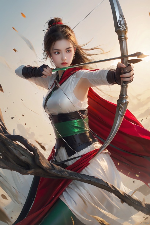  1girl, solo, gloves,long hair, focusing intensely,Hold the iron tire bow with the left hand and draw a bow and shoot arrows, Wearing a jade crown, shining silver armor, and wearing a lion headband. Treading towards the sky with cow tendon boots; Wearing a crimson cloak on her shoulders, carrying a three foot green blade on her waist, coupled with her tall figure and resolute expression,clean white background, loli, 1 girl