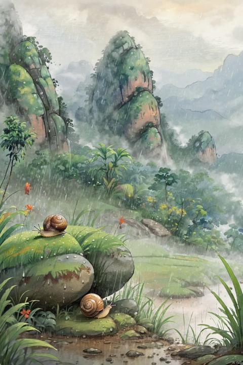  ((masterpiece)), ((best quality)),raining, Fields, side paths, trees, grass, mountains, mist,1 little snail sitting on the rock,looking at the fields,rainforrest raining
, guofeng