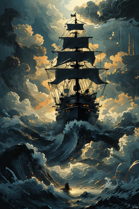  Realistic, hyper detailed, award winning masterpiece, full body portrait, ((ultra-high resolution 16k intense color portrait)), in the deep ocean, rough sea waves a large pirates ship with a black skull flag on top, ultra realistic, Hyper, vibrant light, storm, clouds, lightning, rough weather cinematic background
