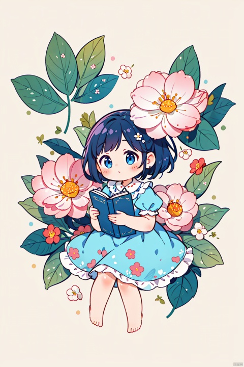  (best quality,masterpiece, original, extremely detailed 8K wallpaper)((absurdres)),(ultra-detailed),(top view)1girl, solo, white background, dress, holding, flower, short sleeves, lying, barefoot, puffy sleeves, puffy short sleeves, book, blue dress, leaf, white flower, pink flower, holding book, floral background, TT, 2D ConceptualDesign