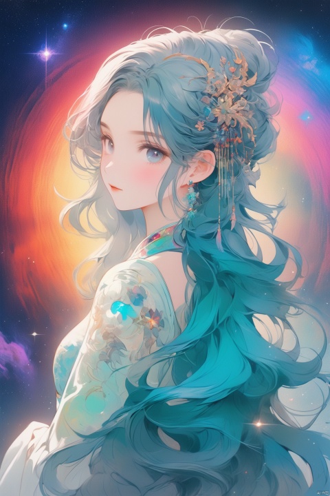  A girl with rainbow hair and delicate cyan dress armor, standing, rainbow-colored cosmic nebula background, stars, galaxies, intricate details, perfect face