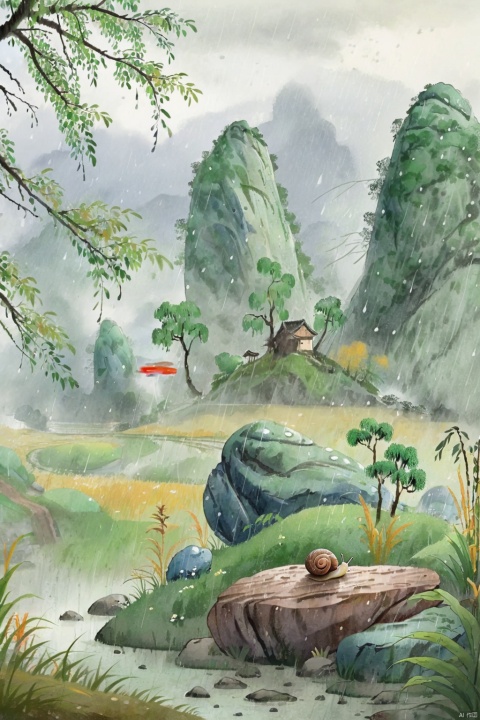  ((masterpiece)), ((best quality)),raining, Fields, side paths, willow trees, grass, mountains,mist,1 little snail sitting on the rock,looking at the fields,rainforrest raining
, guofeng