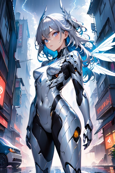  {{master piece}},best quality,illustration,1girl,small breast,beatiful detailed eyes,beatiful detailed cyberpunk city,flat_chest,beatiful detailed hair,wavy hair,beatiful detailed steet,mecha clothes,robot girl,cool movement,sliver bodysuit,{filigree},dargon wings,colorful background,a dragon  stands behind the girl,rainy days,{lightning effect},beatiful detailed sliver dragon arnour,（cold face）