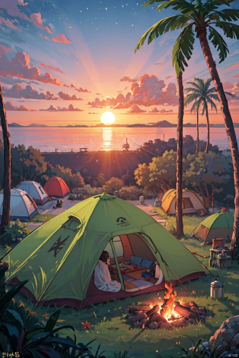  (from above:1.2), (seaside,summer,:1.2), Wide sea,horizon,(Camping tents:1.3),sunset,cloud, bonfire,palm trees,sunset,cloud,
very detailed , realistic details , light particle effect, excellent work, extremely elaborate picture description,8k wallpaper, obvious light and shadow effects, ray tracing, obvious layers, depth of field, best quality,