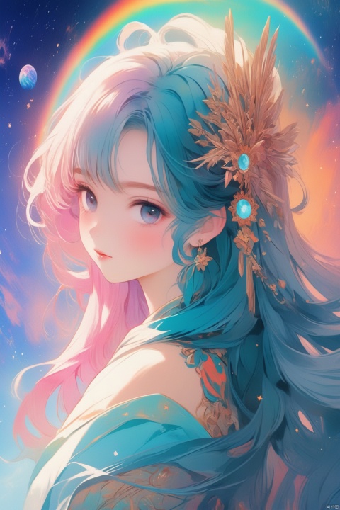  A girl with rainbow hair and delicate cyan dress armor, standing, rainbow-colored cosmic nebula background, stars, galaxies, intricate details, perfect face