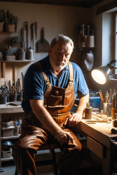  A craft workshop, A middle-aged man in leather overalls sits at a workbench and works seriously, The light of a desk lamp, The walls are full of tools, Cg rendering, Like a picture., So many details.,hell,tutufc