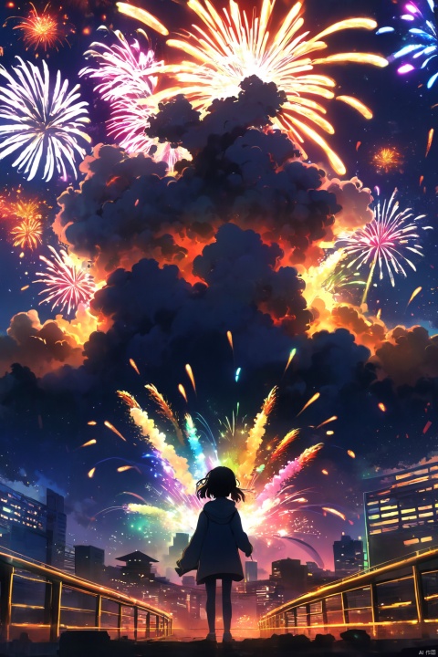  ((anime style)), scenery, (huge colourful fireworks), night sky, distant city, landscape, silhouette of 1girl from behind, lora:more_details:0.5, more_details:-1, more_details:0, more_details:0.5, more_details:1, more_details:1.5