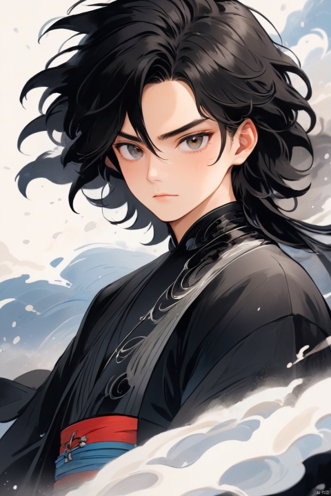  sdmai, wuxia, gorgeous eyes, wearing black robes, cinematic grandeur, splashing details, wild and powerful, solo, black hair, long hair, male focus, white background, looking at viewer, 1boy, asuo, bianpingshouhui