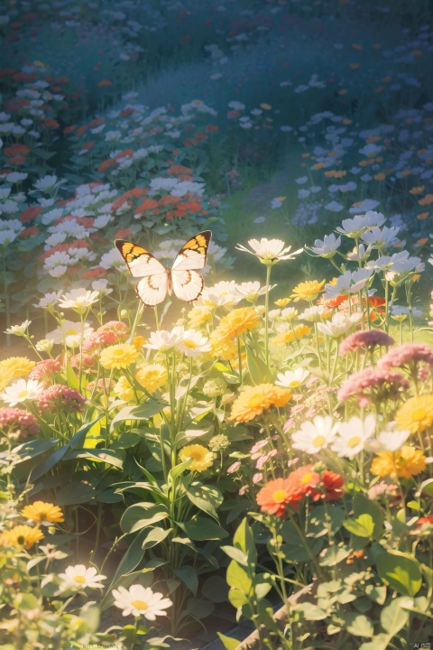  (official art, 8k wallpaper, ultra detailed, High quality, best quality),white flowers ,butterfly,vintage filter,among flowers, Top view
,backlight,limited_palette,white,field s of flowers, lhj,bright light