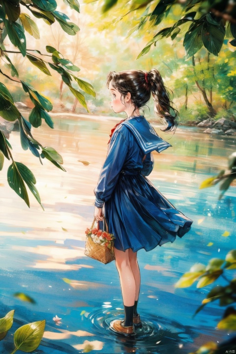 full body photos of a school girl, ponytail, HD 16K,river,leaf,plant,dress,flowers,