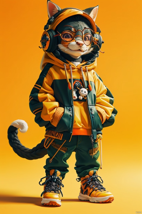  extremely detailed CG unity8 k wallpaper,masterpiece,best quality,ultra-detailed,
3D, hood, 1 boy, solo, shoes, hoodie, orange footwear, pants, jacket, orange jacket, headphones, standing, drawstring, sneakers, animal ears, 1other, full body, simple background, whiskers, round eyewear, yellow background, holding, orange background, glasses, cable, furry