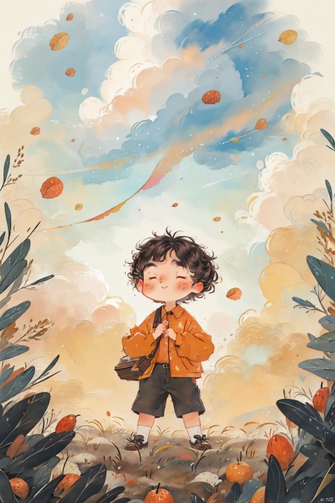  best quality,masterpiece,ultra high res,childpaiting,solo,crayon drawing,cloud,cloudy sky,outdoors,surreal,in autumn,the fruits of the harvest,a little boy with straw on his back, childpaiting, watercolor
