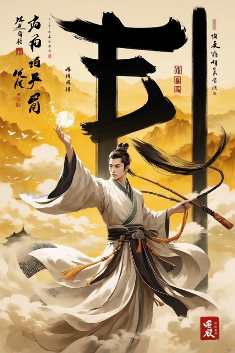 wide shot,(distant perspective View), Chinese Aesthetics, a young man in traditional robe waving inkbrush towards the sky, ink converging into radiant Chinese characters resembling,Frame Centered on Protagonist,（Chinese characters：1.2）