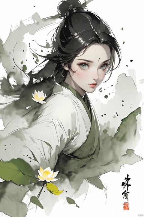  Ancient young male ((male characteristics)) Highest picture quality, beautiful eyes, luminous eyes, exquisite features, express lips, expression, gentle eyes (Chinese painting illustration) (((Clear))) (((artistic conception)) Watercolor long hair tie details, Hanfu, eardrops, eye light, long eyelashes, close-up portraits, bamboo shadows, soft light, green tones, warm yellow sunlight, high contrast,Ink scattering_Chinese style, smwuxia Chinese text blood weapon:sw, lotus leaf, (\shen ming shao nv\)