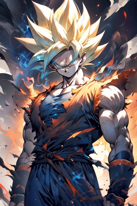  ((best quality)),masterpiece,((ultra-detailed)),illustration,8k wallpaper,((extremely detailed CG unity 8k wallpaper)),(extremely detailed eyes and face),huge filesize,game cg,songoku, male focus, 1boy, solo, dougi, muscular, blonde hair, spiked hair, super saiyan, looking at viewer, serious, dust, arms at sides, pectorals, torn shirt, muscular male, closed mouth, pants, super saiyan 1, smoke, shirt, blue eyes, aura, shaded face, clenched hands, gloves, wristband, frown, sleeveless, standing, blurry, yellew eyes