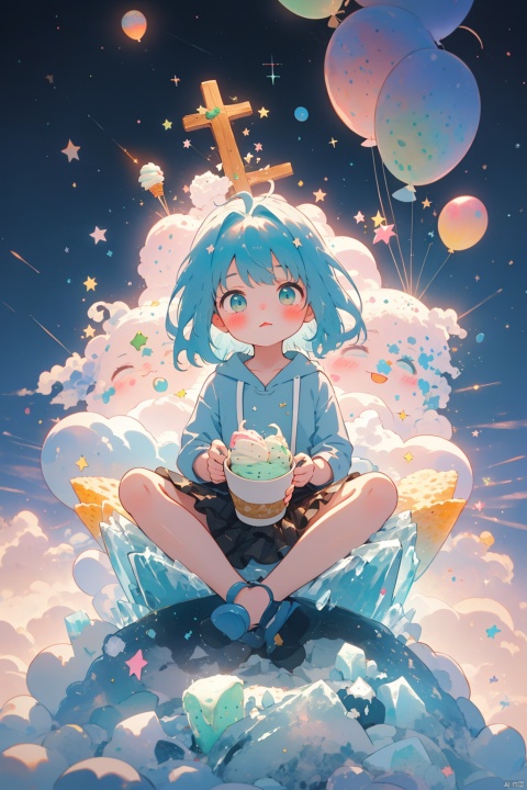  masterpiece,a tiny blue haired girl child sits cross-legged in the middle of an impossibly large ice cream sundae bowl, multi-colored scoops of ice cream piled high around her, swirls of vivid pistachio, strawberry and mint chip sauce drizzle down the sides, a menagerie of ice cream balloons in rainbow hues float around her, caught mid burst, the little girl gazes into the distance with dreamy expression, captivated by her sugary wonderland, captured with wide angle telephoto lens to show huge scale of ice cream bowl relative to tiny subject, washed in warm pastel colors that glow against the rich cobalt of her hair,1girl