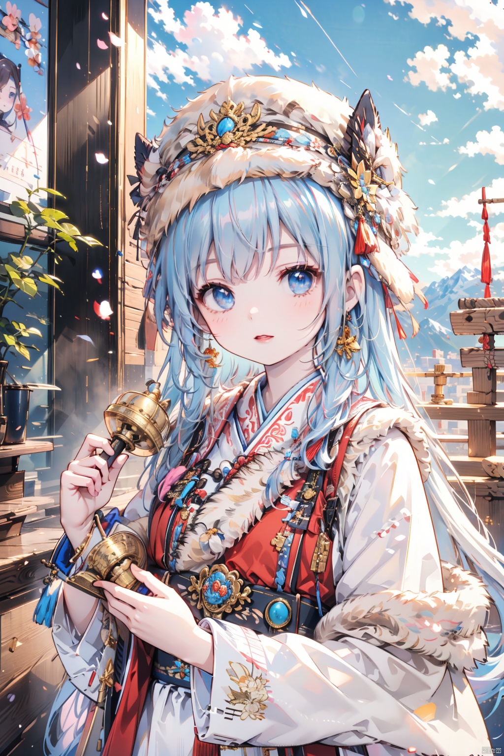  (Masterpiece, top quality, best quality, official art, beauty and aesthetics: 1.2), White Tibetan clothing,1girl, blue sky, cloud, cloudy sky, day, earrings,Plush hat, horizon,Chinese Tibetan clothing,Tibetan Earrings,Silver Tibetan prayer wheel,Tibetan girl , jewelry, lips, mountain, outdoors, parted lips, red lips, sky, solo, upper body,Holding a Tibetan prayer wheel, 8k, crazy details, complex details,