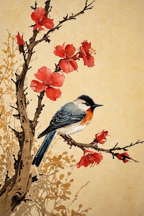  the Plum Blossom ,Begonia flowers with a bird on a branch, traditional Chinese painting light color, fine brushwork, circular composition, background on yellowed rice paper,no text