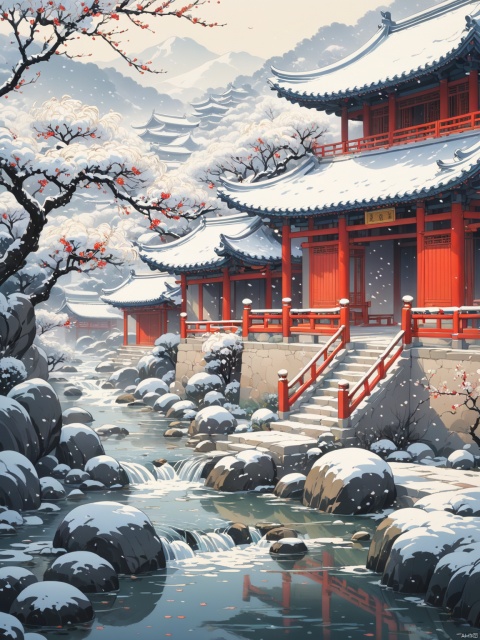  Thick painted national cartoons, textbook illustrations, Feng Zikai, Eastern poetry and painting, cold tone,snowing, plum blossom,large scenes, murmuring streams, white tones, delicate visuals, gentle brushstrokes, distant view of rural courtyard, farmer paintings, high-quality, masterpiece, perfect composition,