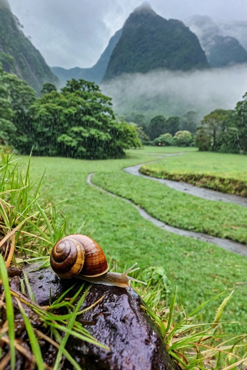  ((masterpiece)), ((best quality)),raining, Fields, side paths, trees, grass, mountains, mist,1 little  snail sitting on the rock,looking at the fields,rainforrest raining
