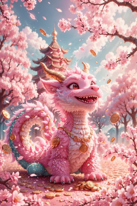  Masterpiece, high-quality, Pixar animated style, a cute Chinese dragon, scattered with gold coins, surrounded by gold coins, with a bright smile, white clouds. Sakura tree, cherry blossoms, pink sky, soft light, looking up, rich details, realistic details, light blue or light red, strong close-up, surrealistic illustrations,

