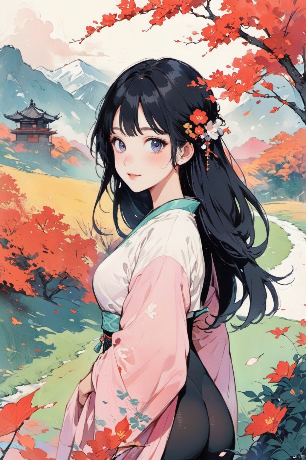  flat_style,simple_colors,masterpiece,{{{best_quality}}},{{ultra-detailed}},Hanfu,Holding a fan,{{1girl}},{{{solo}}},
an_extremely_delicate_and_beautifu,blank_stare,close_to_viewer,breeze,Flying_splashes,Flying_petals,wind,Gorgeous and rich graphics,
symmetrical composition,Beautiful face,looks like tangwei,cute,seductive smile,looking at the audience,big eyes,charming eyes,perfect figure,black hair, Illustration
pov,yoga,yoga pose,yoga bra,yoga pants,bare foot,
Distant snow mountains,and grasslands,
Autumn, red leaves, yellow leaves, Illustration
