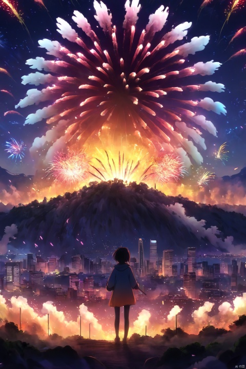  ((anime style)), scenery, (huge colourful fireworks), night sky, distant city, landscape, silhouette of 1girl from behind, lora:more_details:0.5, more_details:-1, more_details:0, more_details:0.5, more_details:1, more_details:1.5