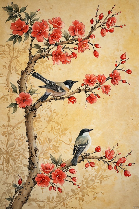  the Plum Blossom ,Begonia flowers with a bird on a branch, traditional Chinese painting light color, fine brushwork, circular composition, background on yellowed rice paper,no text