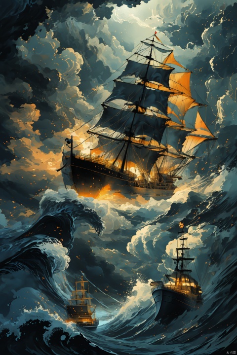  Realistic, hyper detailed, award winning masterpiece, full body portrait, ((ultra-high resolution 16k intense color portrait)), in the deep ocean, rough sea waves a large pirates ship with a black skull flag on top, ultra realistic, Hyper, vibrant light, storm, clouds, lightning, rough weather cinematic background