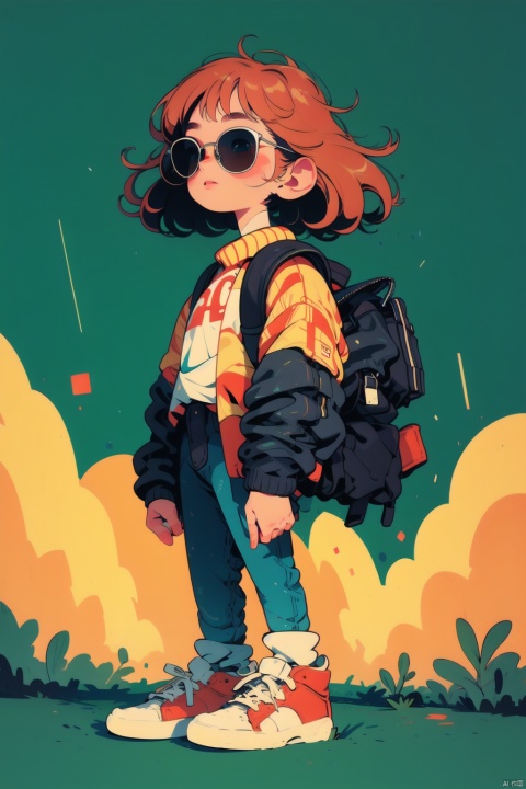  (Masterpiece), (Best quality), Q Edition, 2.5 head body, 1 girl, motorcyclist, Happy, solo, Red hair, Simple background, feathered hair, sunglasses, shoes, long sleeves, jacket, Backpack