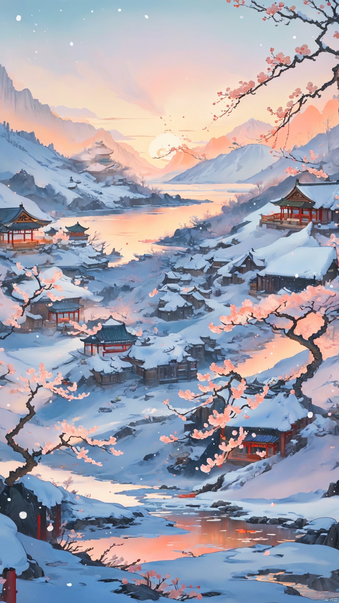 Snow, 1 red Plum Blossom, landscape,masterpiece, high resolution, high quality, , qiuyinong