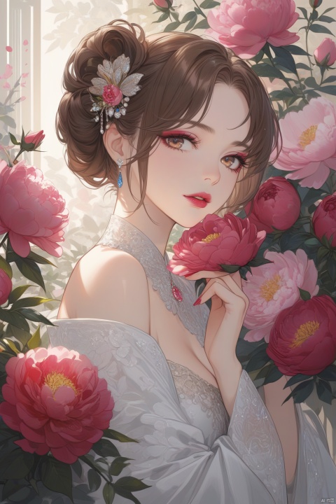  (best quality), ((masterpiece)), (highres), illustration, original, extremely detailed,licg,1girl, solo, flower, hair ornament, rose, makeup, lipstick, brown hair, lips, peony \(flower\)