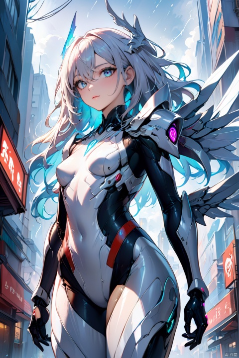  {{master piece}},best quality,illustration,1girl,small breast,beatiful detailed eyes,beatiful detailed cyberpunk city,flat_chest,beatiful detailed hair,wavy hair,beatiful detailed steet,mecha clothes,robot girl,cool movement,sliver bodysuit,{filigree},dargon wings,colorful background,a dragon  stands behind the girl,rainy days,{lightning effect},beatiful detailed sliver dragon arnour,（cold face）