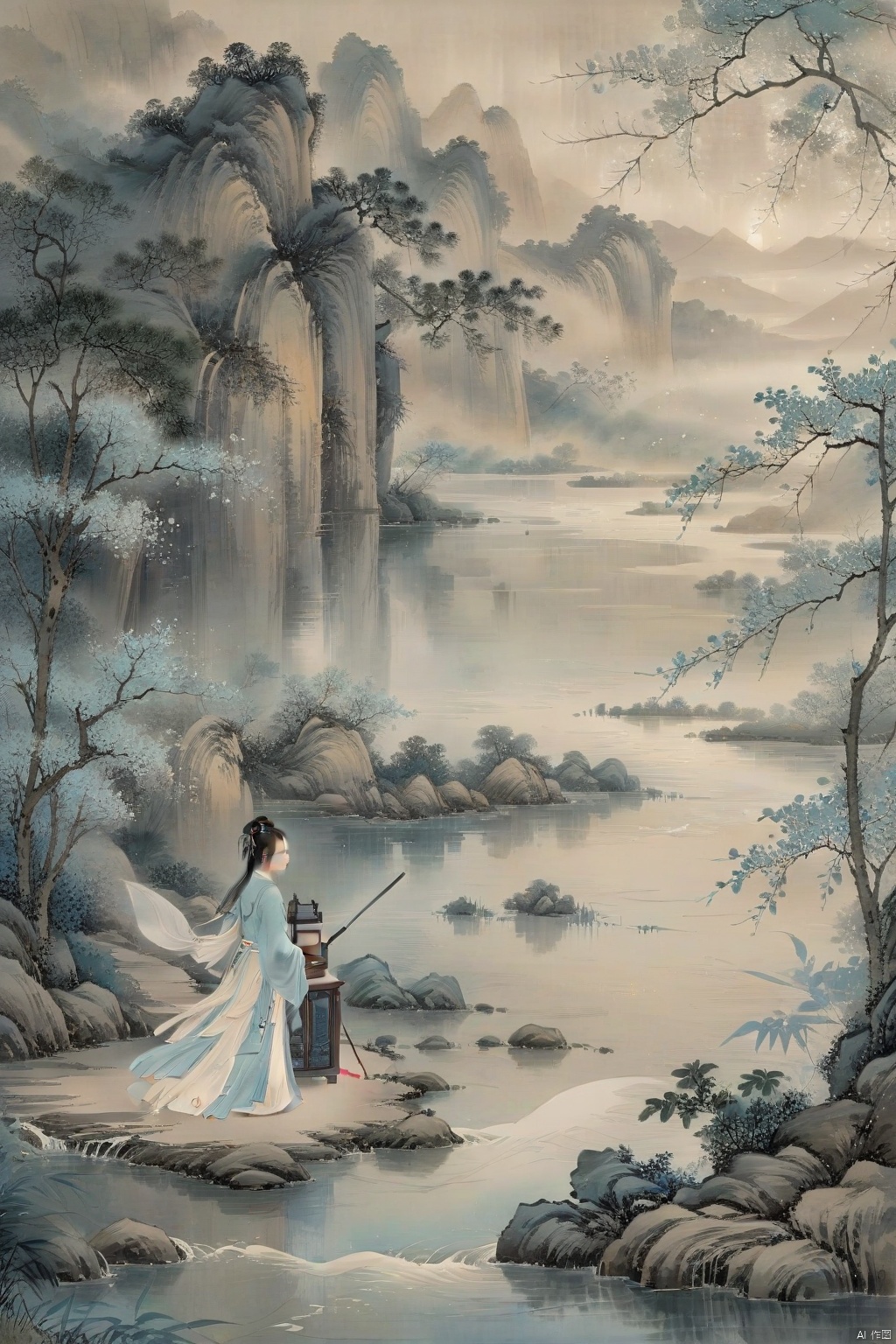  A man in a white Hanfu stands on the flowing riverbank, holding an sword and watching his wife sit in a light blue outfit to shield her from the rain. Illustrated with a romantic river view, soft colors, high resolution, high details, delicate brushstrokes, natural lighting, peaceful atmosphere, ancient China, with a background of green trees, drizzle, high-definition details, depth of field effect, ink painting, texture frosting, diffuse gradient, romantic ancient style, excellent light and shadow, color curves, ananmo,  traditional chinese ink painting