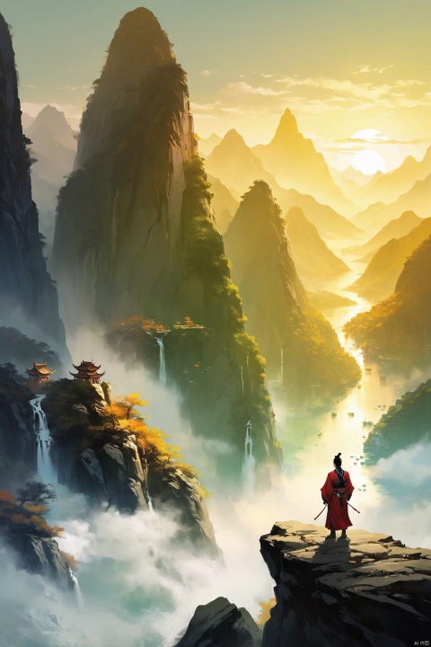  wide shot,(distant perspective View), Chinese Aesthetics,a young man in traditional robe Looking into the distance, a vast and magnificent landscape of mountains and rivers was displayed before his eyes。