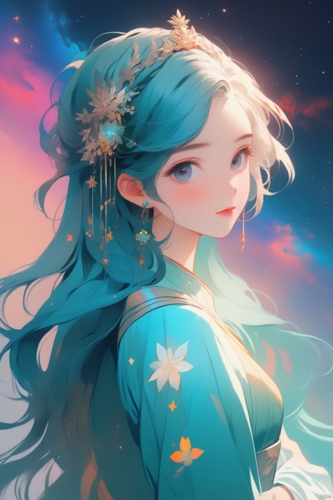  A girl with rainbow hair and delicate cyan dress armor, standing, rainbow-colored cosmic nebula background, stars, galaxies, intricate details, perfect face