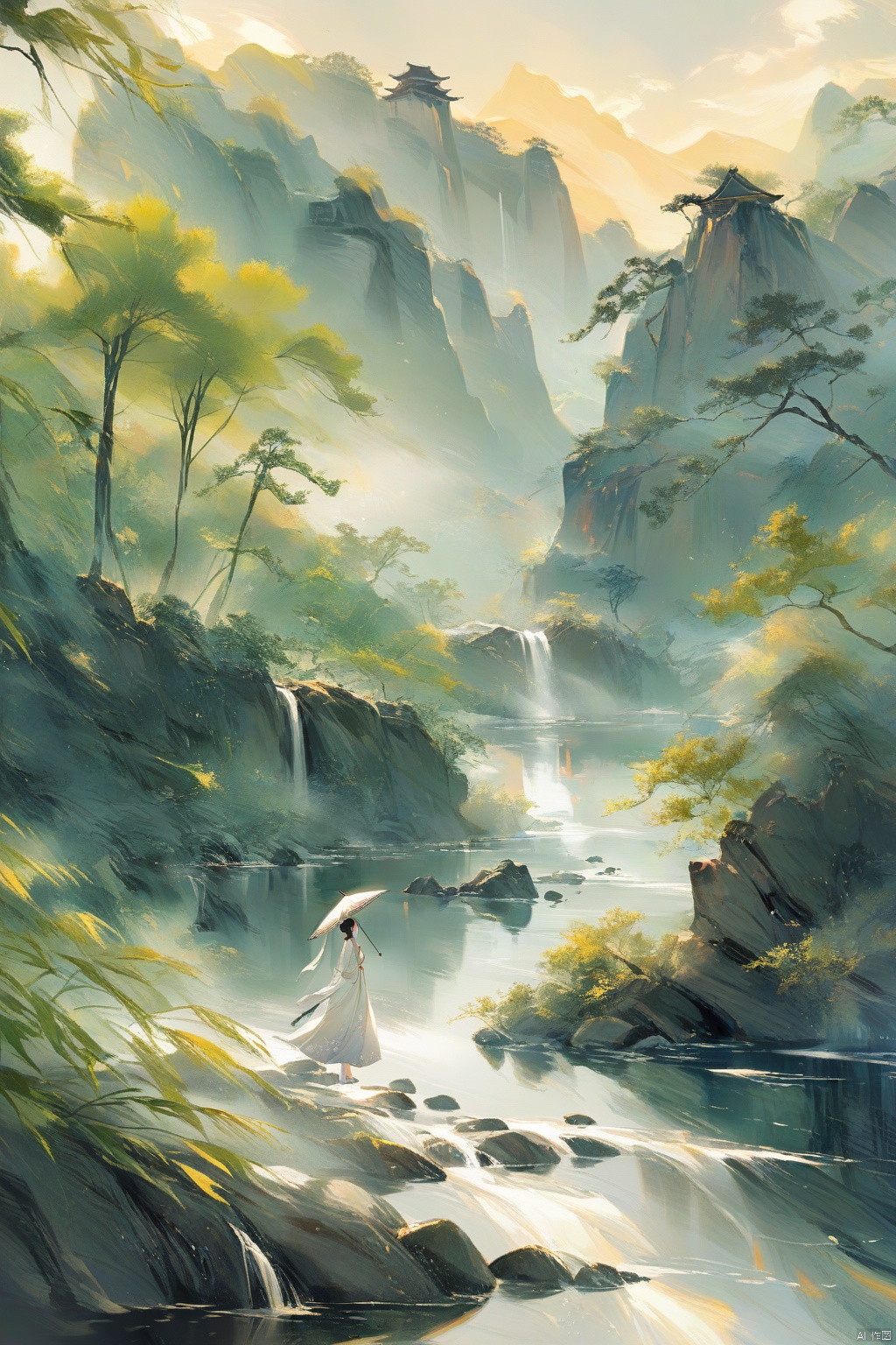  A girl in a white Hanfu stands on the flowing riverbank, holding an umbrella,Illustrated with a romantic river view, soft colors, high resolution, high details, delicate brushstrokes, natural lighting, peaceful atmosphere, ancient China, with a background of green trees, drizzle, high-definition details, depth of field effect, ink painting, texture frosting, diffuse gradient, romantic ancient style, excellent light and shadow, color curves, ananmo, (\shen ming shao nv\)