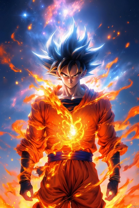  masterpiece, 1boy, Look at me, Long hair, Flame, A magical scene, glowing, Floating hair, realistic, Nebula, An incredible picture, The magic array behind it, Stand, textured skin, super detail, best quality, songoku