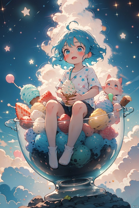  masterpiece,a tiny blue haired girl child sits cross-legged in the middle of an impossibly large ice cream sundae bowl, multi-colored scoops of ice cream piled high around her, swirls of vivid pistachio, strawberry and mint chip sauce drizzle down the sides, a menagerie of ice cream balloons in rainbow hues float around her, caught mid burst, the little girl gazes into the distance with dreamy expression, captivated by her sugary wonderland, captured with wide angle telephoto lens to show huge scale of ice cream bowl relative to tiny subject, washed in warm pastel colors that glow against the rich cobalt of her hair,1girl