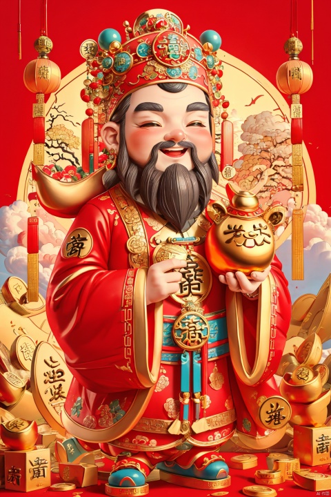  masterpiece,best quality,caishen,1man,facial hair,beard,solo,chinese clothes,long sleeves,wearing red caishen_headwear,wide sleeves,smile,gold,cloud, facai, xinnian, caishen, dafengcaishen